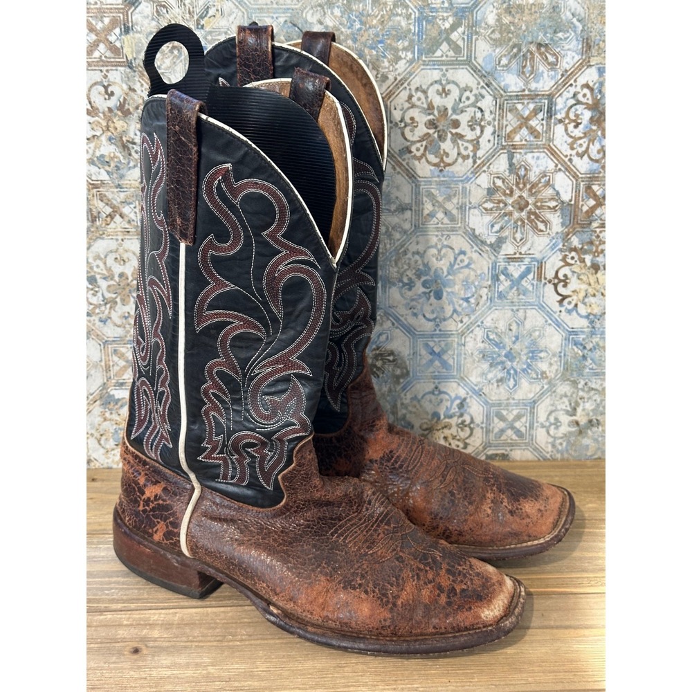 Cowboy Western Boots Distressed Leather Square Toe Mens 10 D Brown Black Fair